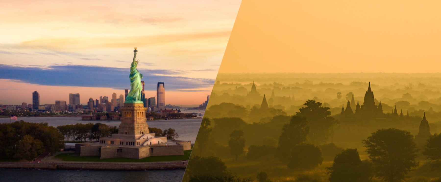 A split banner pairing the Statue of Liberty with the temples of Bagan