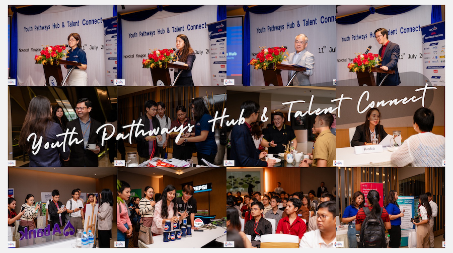 Collage from the Youth Pathways Hub & Talent Connect launch at Novotel Yangon